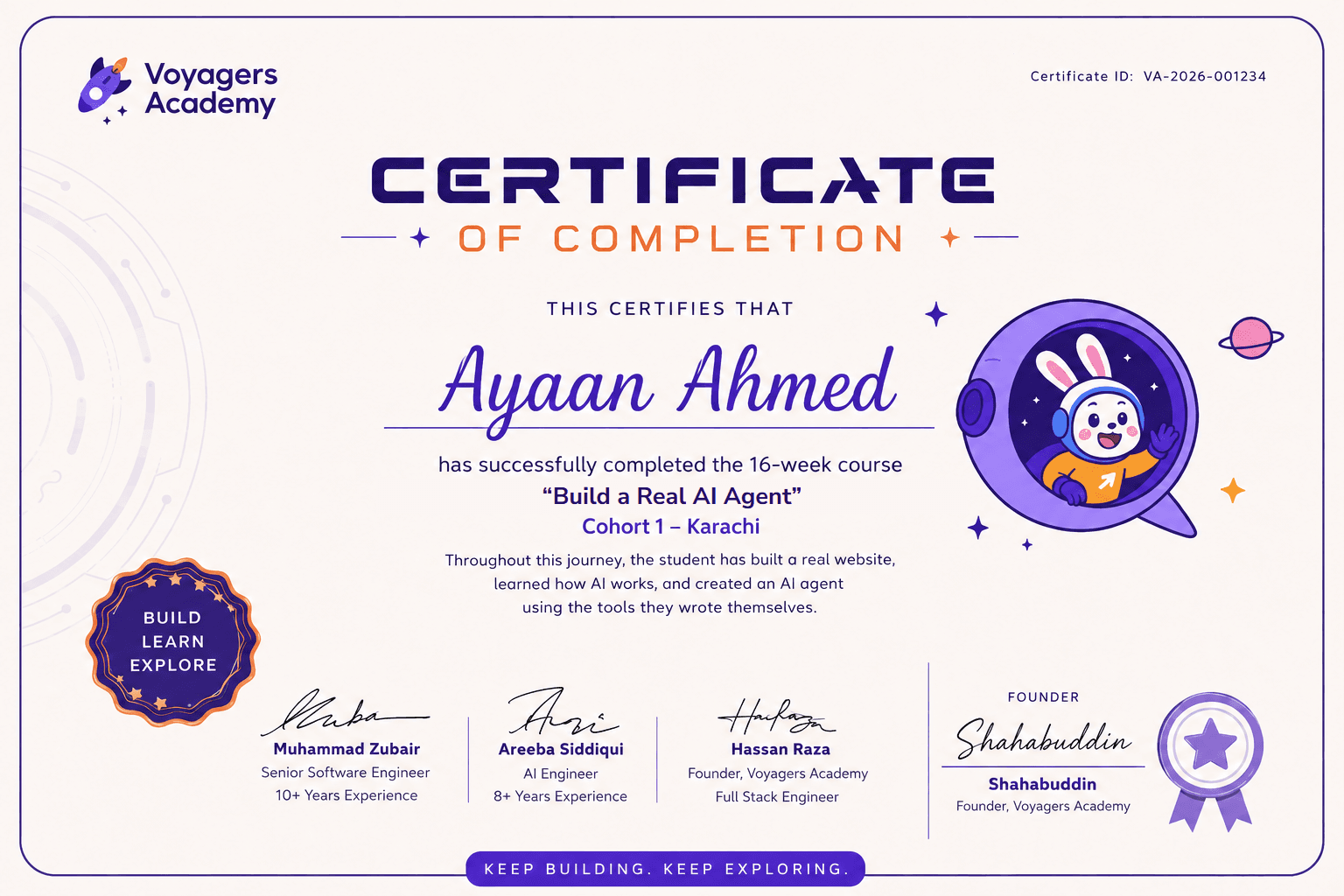 Sample Voyagers Academy certificate of completion